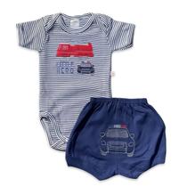 Conjunto body e shorts Best Club Baby listrado branco e azul marinho com bordado carro de polícia e bombeiro