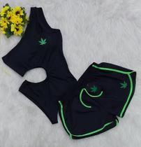 Conjunto Body Maiô Com Bojo + Short, Estampas Da Erva