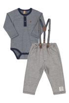 Conjunto body malha piquet, calça moletom sem felpa com suspensório azul - Tam G 9 a 12 meses - Up Baby