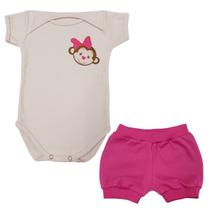 Conjunto Body Manga Curta Bebê Macaquinha Laço Pink + Shorts
