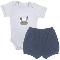 Conjunto Body Manga Curta Bordado Zebrinha e Short Tapa Fralda - Roupa Bebê Menina Menino