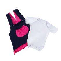 Conjunto Body Manga Curta com Jardineira Saia Jeans com Alça Regulável Aurora 02 Peças