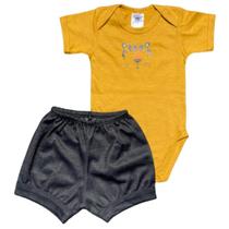 Conjunto body manga curta e shorts Best Club Baby amarelo e jeans preto com bordado tigre