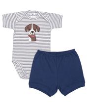 Conjunto body manga curta e shorts Best Club Baby azul e off white com bordado cachorro