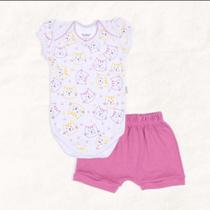 Conjunto Body Manga Curta Estampa Gatinha com Short