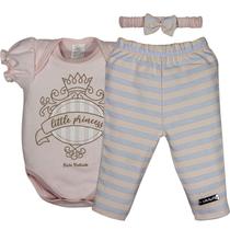 Conjunto Body Manga Curta Estampa Princess + Calça Com Plaquinha + Tiara Laço