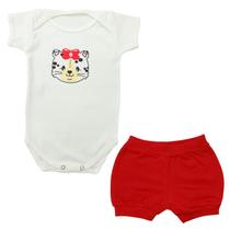 Conjunto Body Manga Curta Gatinha Laço Vermelho + Shorts