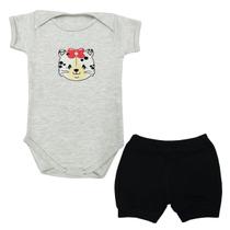 Conjunto Body Manga Curta Gatinha Laço Vermelho + Shorts