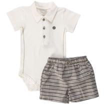 Conjunto Body Manga Curta Off White e Shorts Listrado