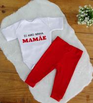 Conjunto Body Manga Curto Bordado com Calça para Bebê EU AMO MINHA MAMÃE 02 Peças