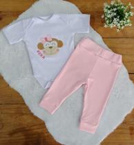 Conjunto Body Manga Curto Bordado com Calça para Bebê KEKA ROSA 02 Peças