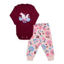 Conjunto Body Manga Longa Baby Duck Comfort Coelhas Floral Vinho