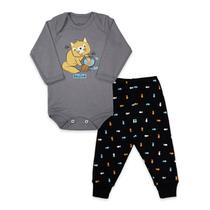 Conjunto Body Manga Longa Baby Duck Comfort Gato Peixe Cinza