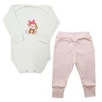 Conjunto Body Manga Longa Bebê Macaquinha Laço Rosa + Calça