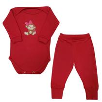 Conjunto Body Manga Longa Bebê Macaquinha Laço Rosa + Calça