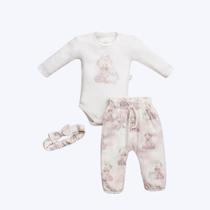 Conjunto Body Manga Longa Com Calça Ursinho E Faixa De Cabelo Bebê Menina Anjos Baby 251076 Rosa