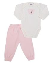 Conjunto body manga longa e calça plush Best Club Baby creme e rosa bebê com bordado urso