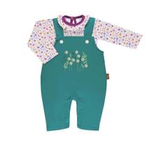 Conjunto Body Manga Longa e Jardineira Longa Feminina 100% Algodão