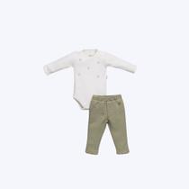 Conjunto Body Manga Longa Floral e Calça Verde Malha Enrugada Bebê Menina Anjos Baby 251015