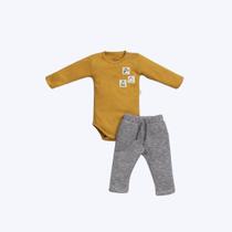 Conjunto Body Manga Longa Pinguim E Calça Moletom Bebê Menino Anjos Baby 251134 Mostarda