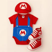 Conjunto Body Mario+Boina+ Tenis Baby Fantasia Infantil para Ensaios e Presente Conjunto Body Mario+Boina+ Tenis Baby Fantasia Infantil para Ensaios e Presente
