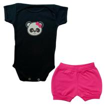 Conjunto Body Panda Laço Rosa Manga Curta + Shorts