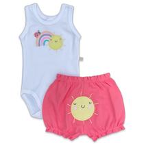 Conjunto body regata e shorts Best Club Baby branco e rosa goiaba com bordado sol