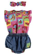 Conjunto Body Sem Manga com F Cabelo em Meia Malhae Shorts Jeans com Elastano Frutinhas Rosa Up Baby Conjunto Body Sem Manga com F Cabelo em Meia Malhae Shorts Jeans com Elastano Frutinhas Rosa Up Baby