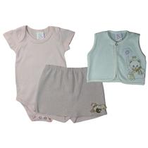 Conjunto Body Suedine Manga Curta Liso + Shorts Saia Suedine Fio Tinto + Colete Bordado Ursa - Bicho Molhado