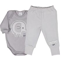 Conjunto Body Suedine Manga Longa Bordado Elephant + Calça Listrinhas Pé Reversível Bordado Elephant