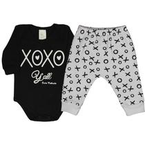 Conjunto Body Suedine Manga Longa Estampa Xoxo + Calça Suedine Com Punho Estampa Xoxo