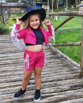 Conjunto Boiadeira Infantil Rosa Pink com Paetê Cropped Preto - Estilo Exclusivo Ana Castela