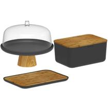 Conjunto Boleira com Cúpula e Pé Tábua Migalheira Porta Pães com Tampa Preto Plástico Bambu Ou
