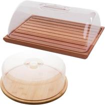 Conjunto Boleira e Migalheira com Tampas Acrílico Porta Bolo Tábua de Pão Madeira Bambu Conjunto Boleira e Migalheira com Tampas Acrílico Porta Bolo Tábua de Pão Madeira Bambu
