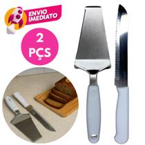 Conjunto Bolo 02 Pç Faca Pão E Espátula Para Bolo Aço Inox Cabo Branco Jogo Confeitaria Aniversário