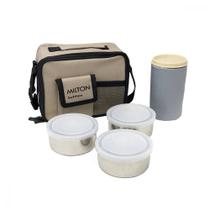 Conjunto Bolsa térmica com 3 Potes Herméticos 280ml e 1 Copo Plástico 400ml bege Milton Armazenamento de Alimentos Pote Frasqueira Lancheira Marmitas