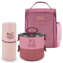 Conjunto Bolsa Térmica Pote Marmita Porta Escova E Pasta De Dente Concept Rosa