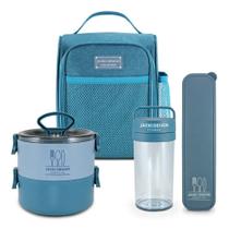Conjunto Bolsa Térmica Pote Marmita Porta Talheres E Garrafa 430ml Concept Azul