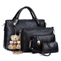 Conjunto Bolsas Femininas Transversal Com Alça de Ombro Ajustável 4Peças+Ursinho,Cor: Preta