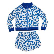 Conjunto Bomber e Shorts com Estampa Azul e fundo Branco Conjunto Bomber e Shorts com Estampa Azul e fundo Branco