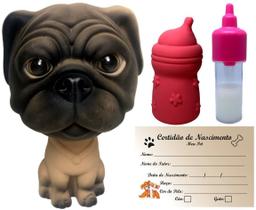 Conjunto Boneca Cachorra Cachorrinha Pequena Pug Menina - 11 cm Altura - Bebê Canina Rosa - Acompanha Acessórios - Roma