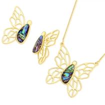 Conjunto Borboleta Brinco Colar Pedra Abalone Banhado Ouro