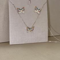 Conjunto borboleta colorida prata 925 Conjunto borboleta colorida prata 925