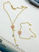 Conjunto Borboleta Olho Grego Rosa - Banho de Ouro 18K - 1 Unidade