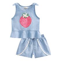 Conjunto Boxy Regata e Short em Jeans