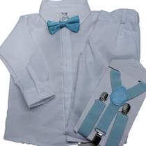 Conjunto Branco Batizado Suspensório Pajem Grav Azul Serenity