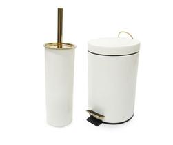 Conjunto Branco E Dourado-Lixeira Com Pedal+Escova Sanitária