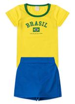 Conjunto Brasil Infantil Menina Blusa Amarela e Shorts Saia Azul Copa do Mundo