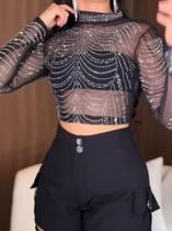 Conjunto Brilhante Cropped Manga Longa Transparente, Calça Cargo Conjunto Brilhante Cropped Manga Longa Transparente, Calça Cargo