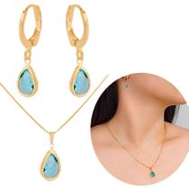 Conjunto Brinco Argola Colar Gota Azul Banhado a ouro Prata Cor:Dourado